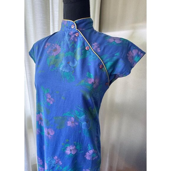 Vintage 70s dress, blue, purple floral, Cheongsam modern interpretation - Picture 2 of 10